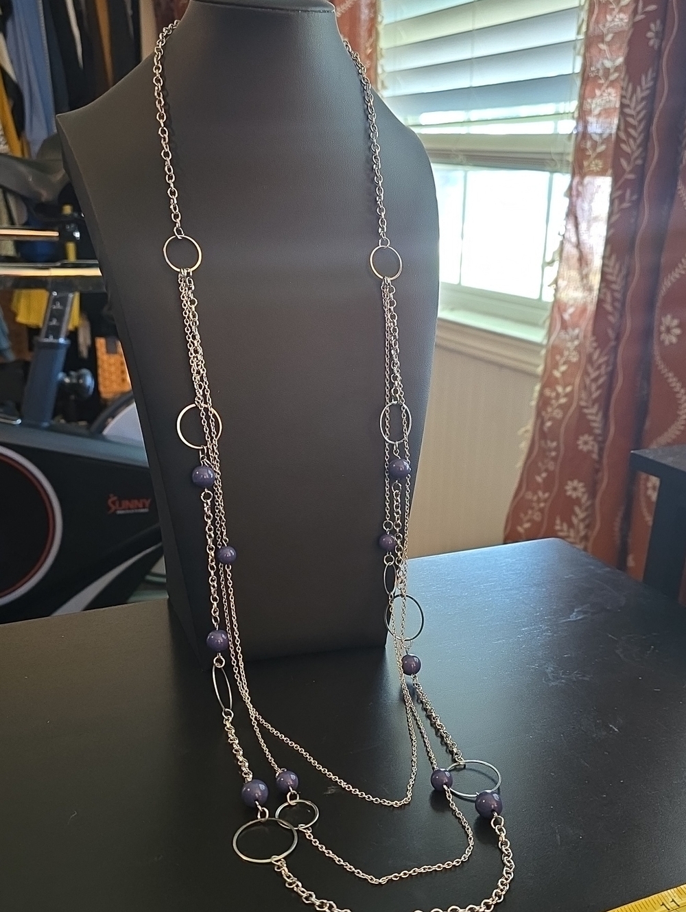 Silver Long Layered Necklace with Purple Beads - Women Jewelry